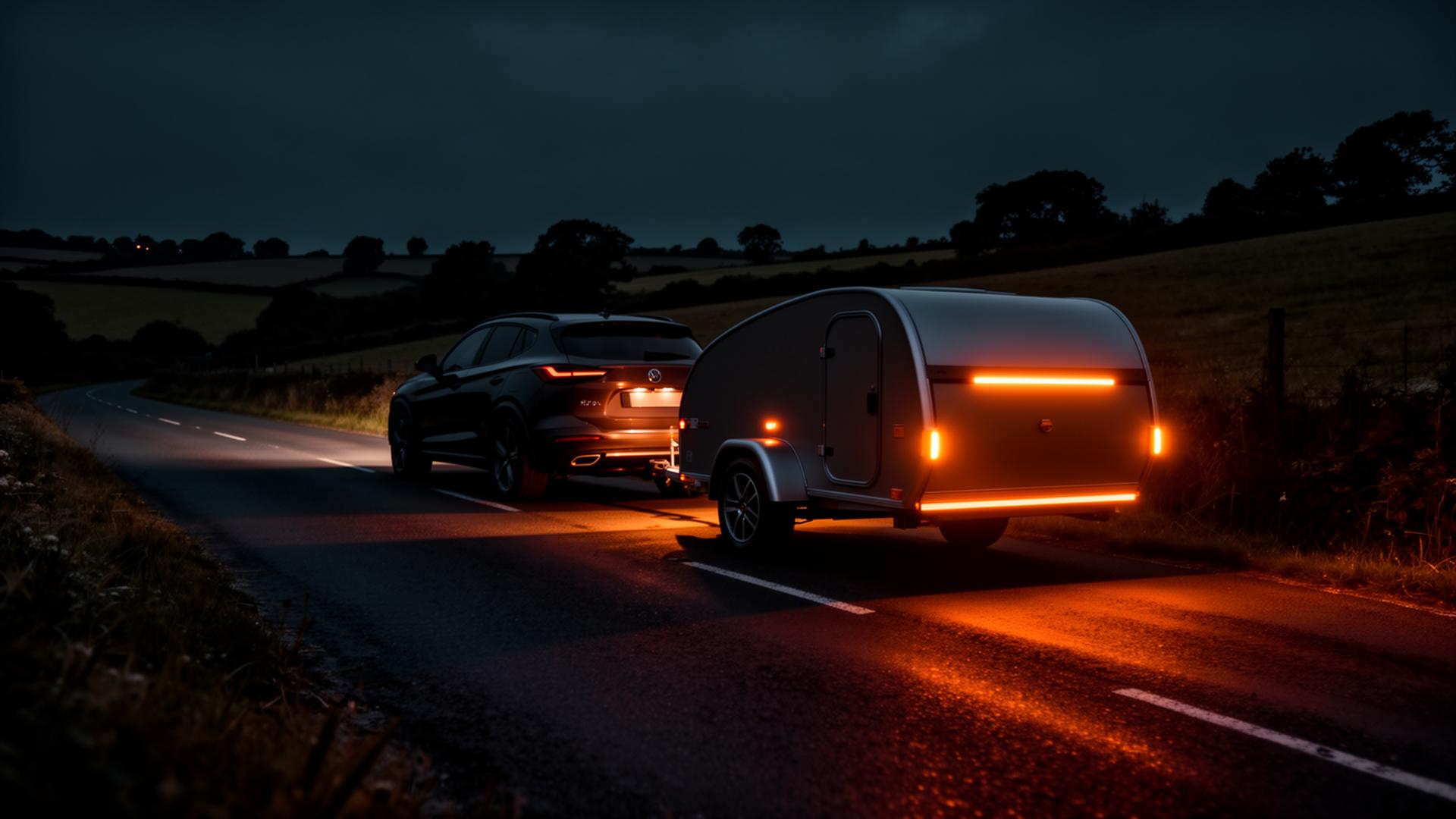 Caravane avec feux LED LYTRIQ sur une route nocturne